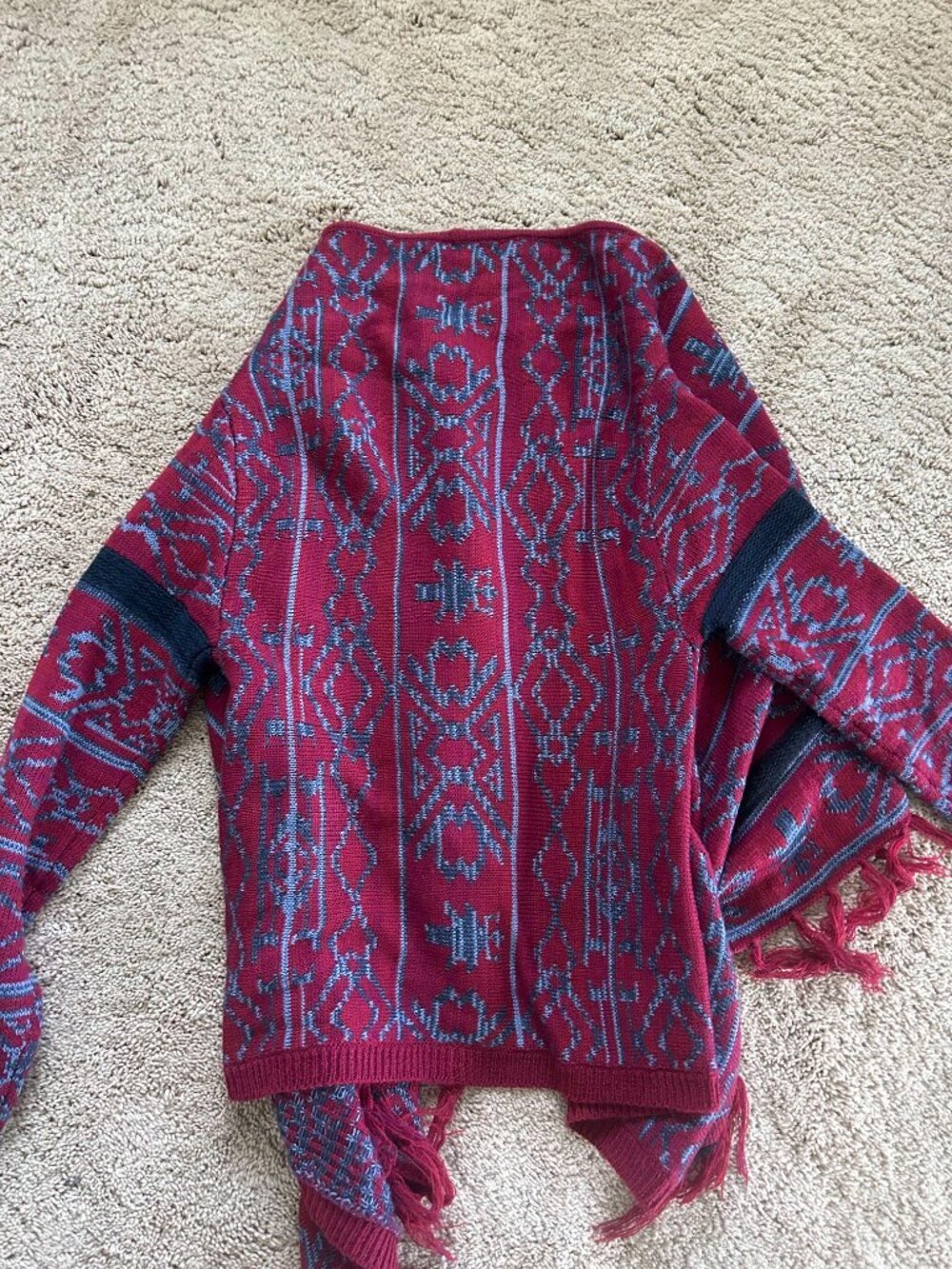 belle du jour Red and Blue Tribal Geometric Print Poncho Sweater with Fringe - Picture 4 of 4